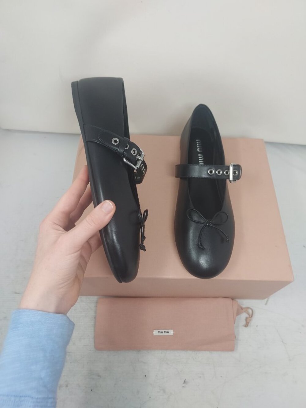 Miu Miu Black WOMENS Buckle Leather Ballerina Shoe